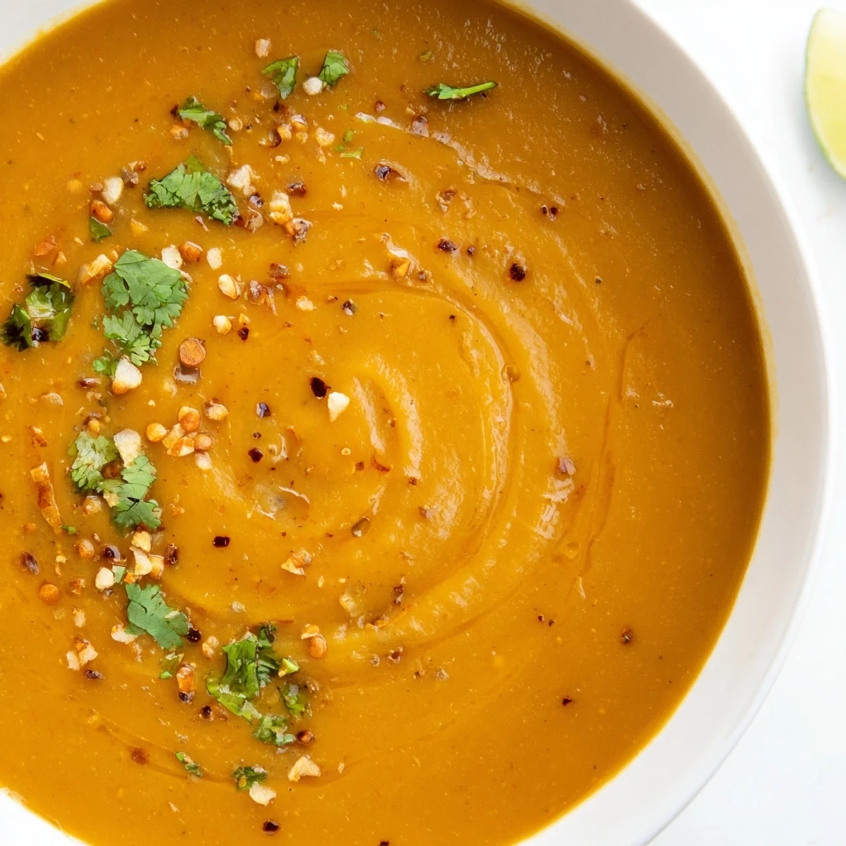Bowl of Spiced Coconut Carrot Lentil Hearty Soup, creamy, vibrant orange, steaming