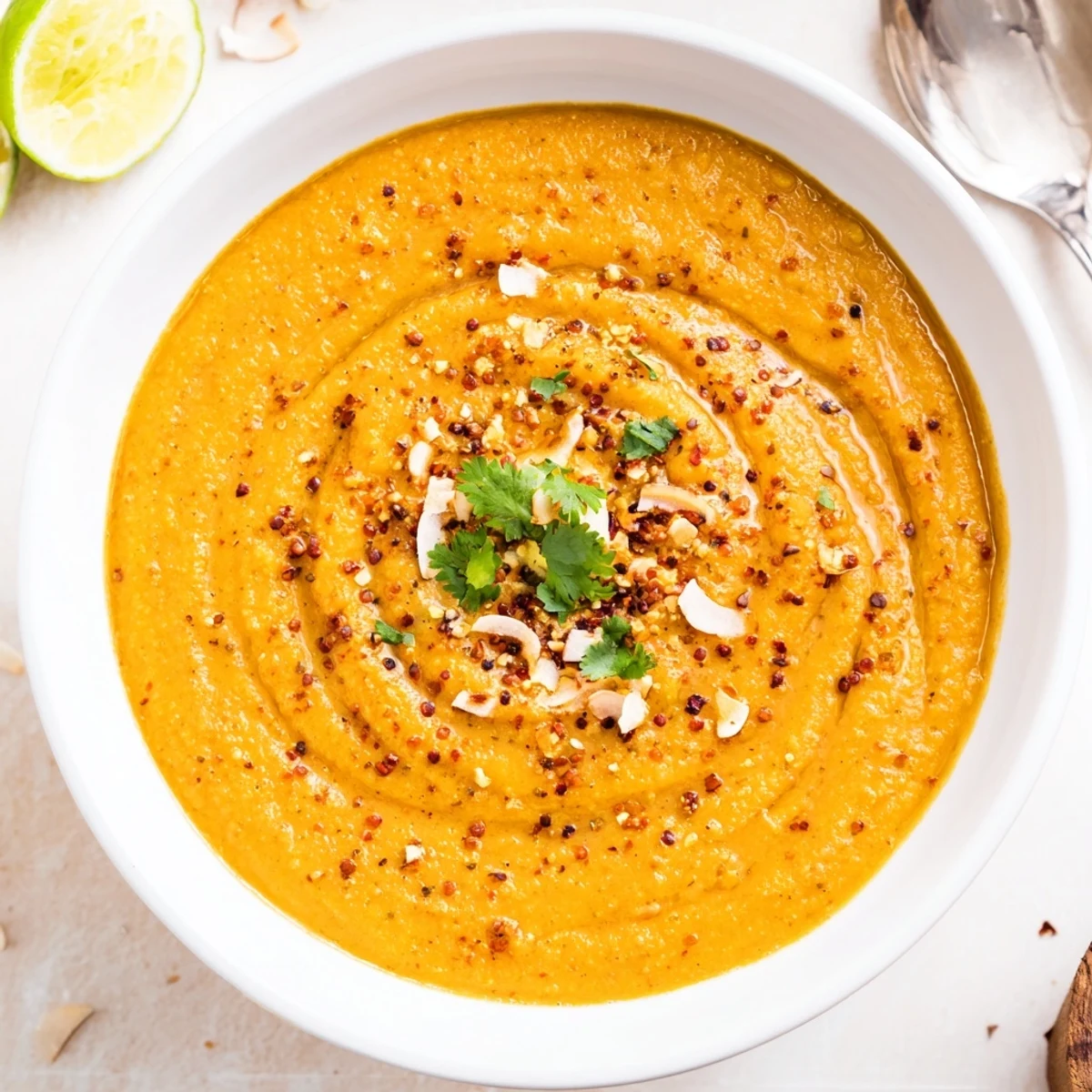 Warm Spiced Coconut Carrot Lentil Hearty Soup topped with cilantro and toasted coconut