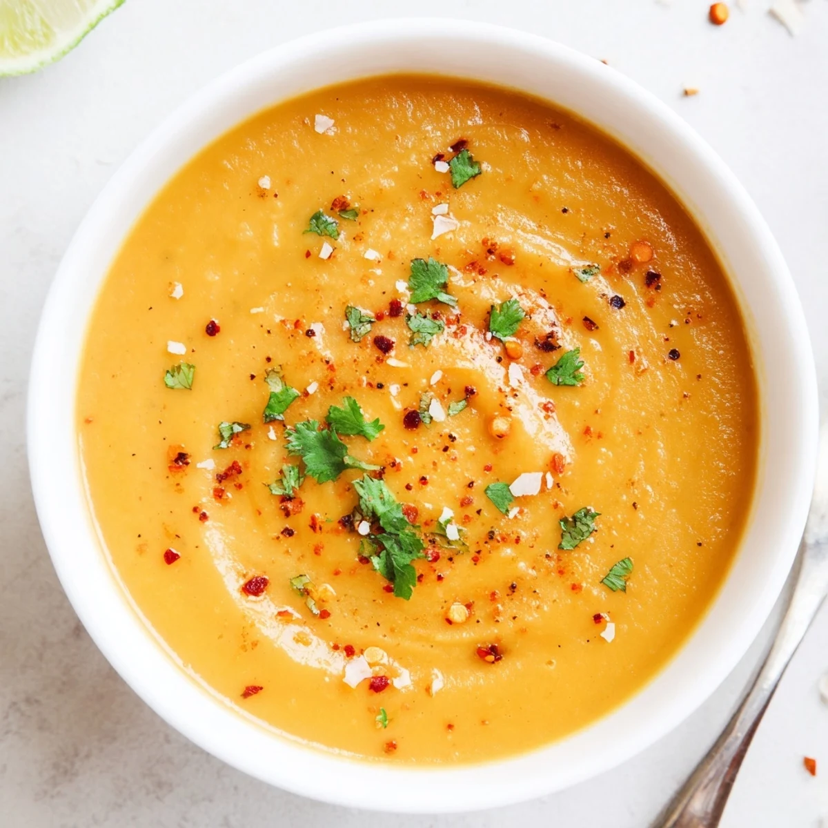 Immersion blended Spiced Coconut Carrot Lentil Hearty Soup, silky texture, lime squeeze optional