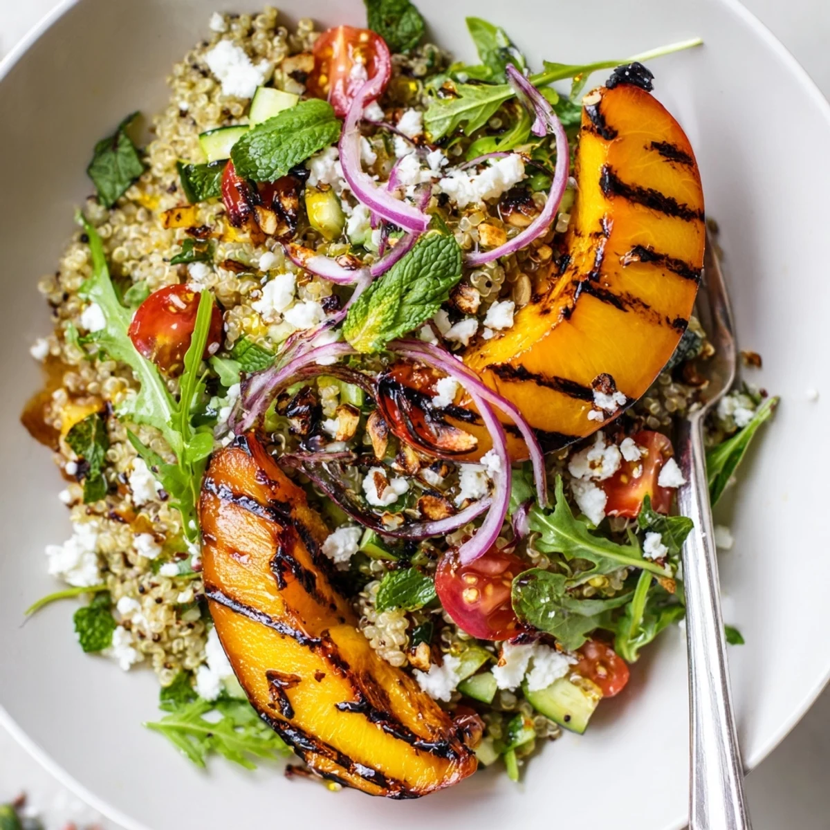 Grilled Apricot Basil Quinoa Grain Salad piled in a bowl, charred apricot wedges  