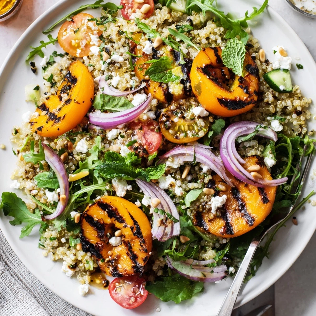 Bright Grilled Apricot Basil Quinoa Grain Salad tossed with lemony dressing, feta  
