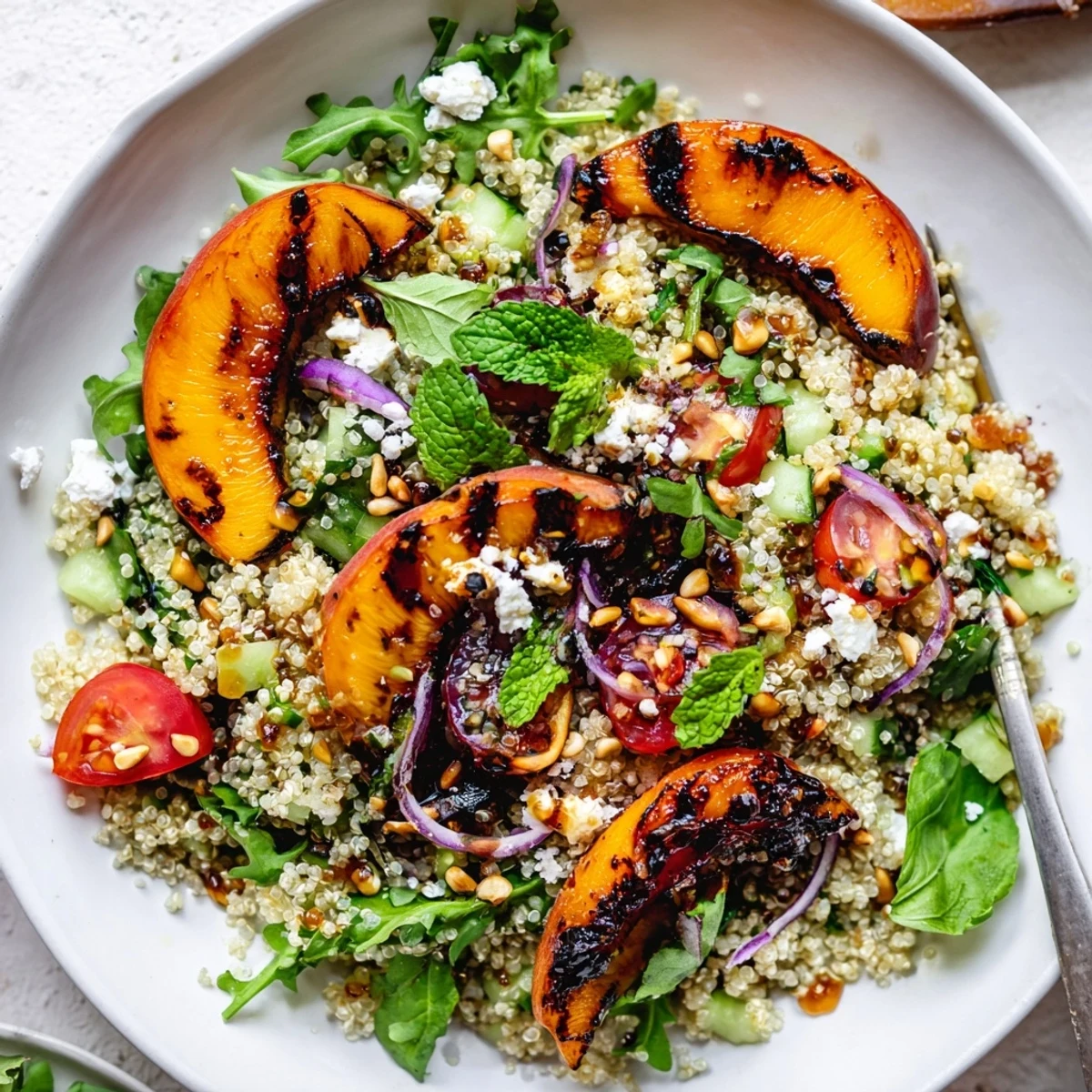 Grilled Apricot Basil Quinoa Grain Salad showcased with fluffy quinoa and toasted pine nuts