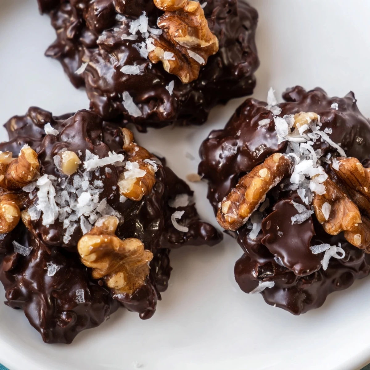 A stack of Dark Chocolate Walnut Coconut Clusters, crunchy walnuts, toasted coconut