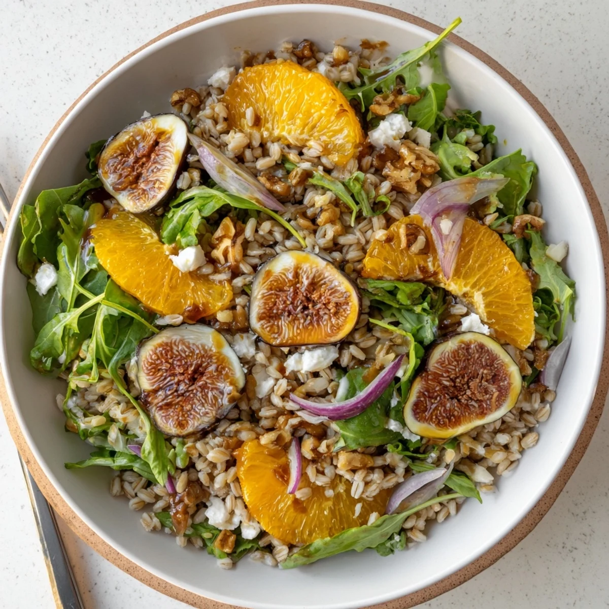 Roasted Fig and Orange Farro Grain Salad with caramelized figs and citrus vinaigrette