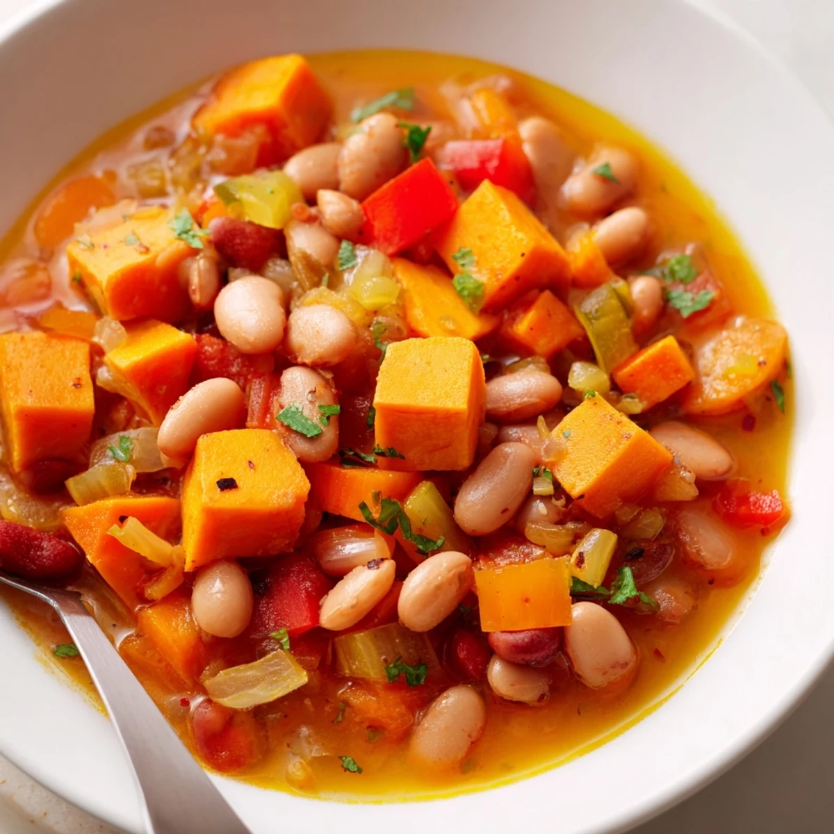Smoky Pinto Bean Sweet Potato Hearty Soup steaming in a rustic bowl.