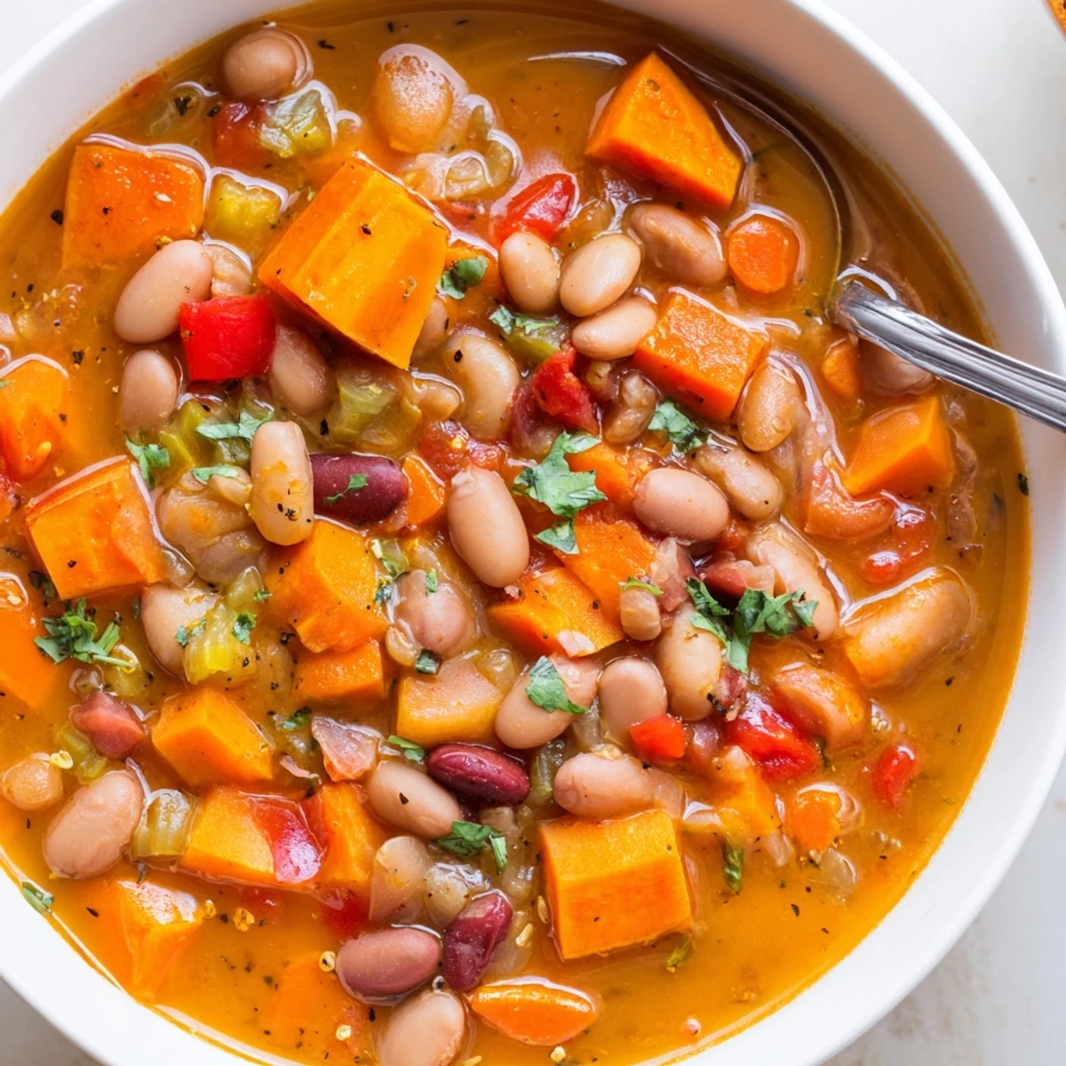Bowl of Smoky Pinto Bean Sweet Potato Hearty Soup with crusty bread.