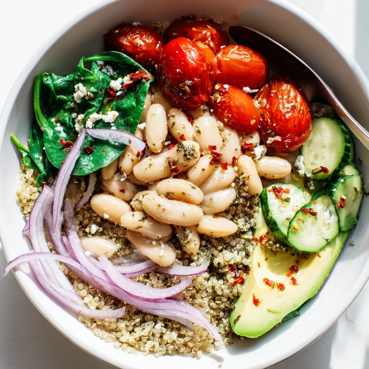 Savory Zaatar White Bean Breakfast Bowl with creamy beans, vibrant cherry tomatoes, avocado