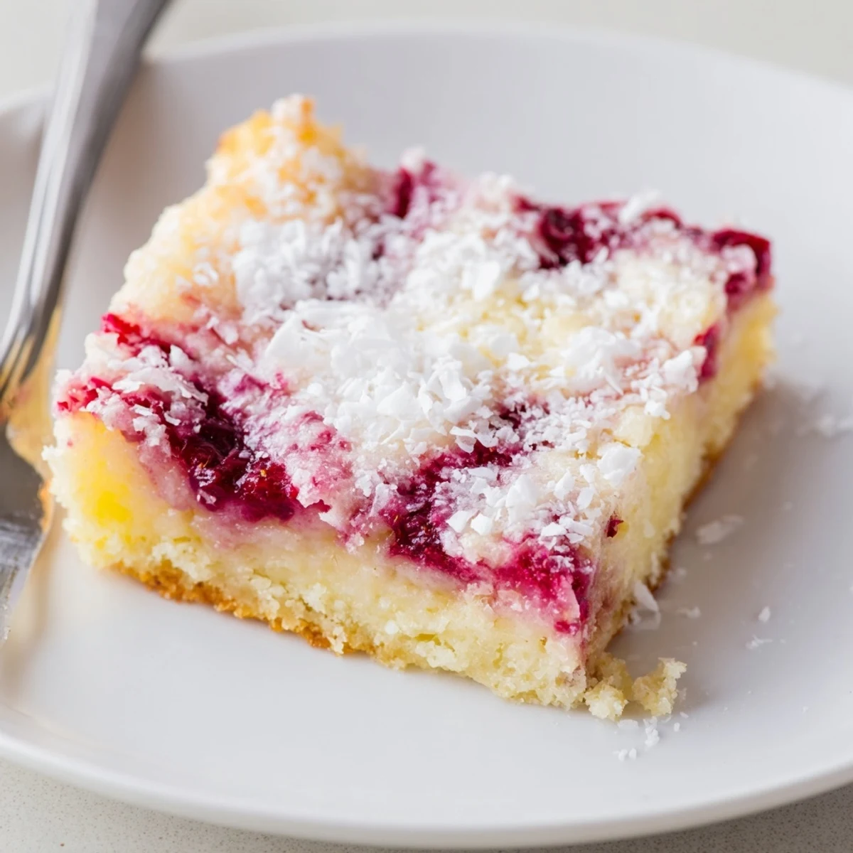 A slice of Raspberry Lemon Coconut Cream Bars showing bright raspberry swirls