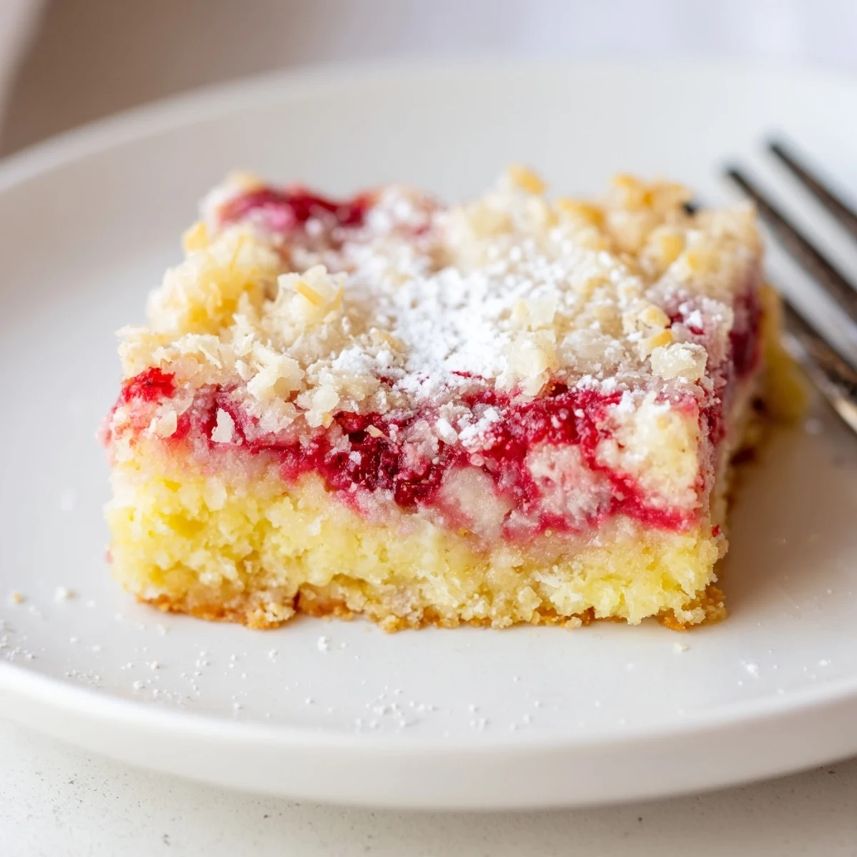 Raspberry Lemon Coconut Cream Bars on parchment, chilled, dusted with powdered sugar