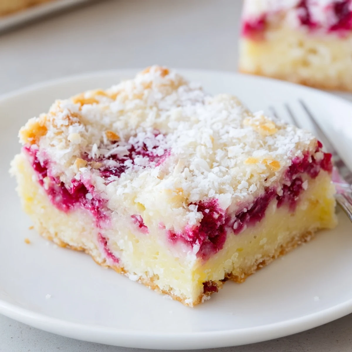 Freshly cut Raspberry Lemon Coconut Cream Bars with toasted coconut and lemon zest