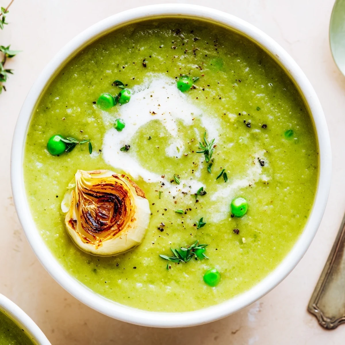 Creamy Roasted Garlic and Green Pea Hearty Soup, velvety, garnished with chopped chives