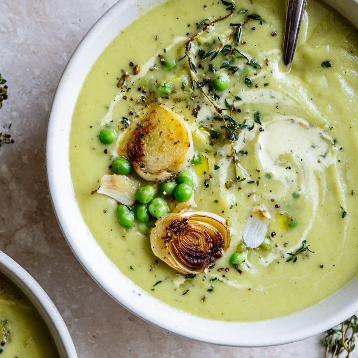 Bowl of Creamy Roasted Garlic and Green Pea Hearty Soup beside crusty bread