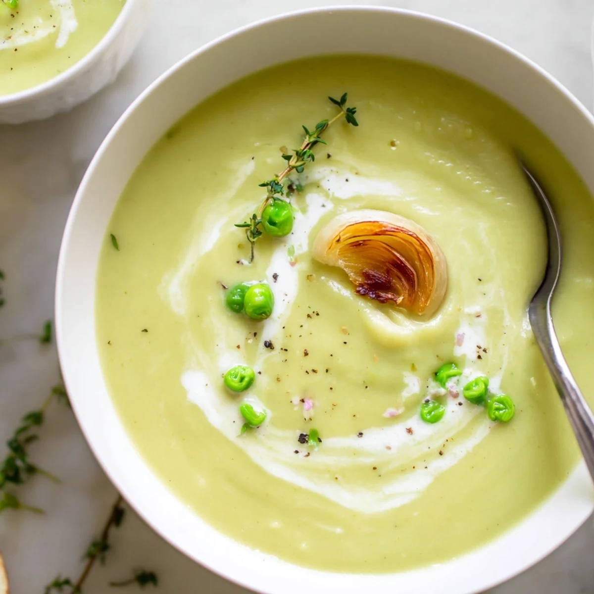 Steaming Creamy Roasted Garlic and Green Pea Hearty Soup, brightened with lemon