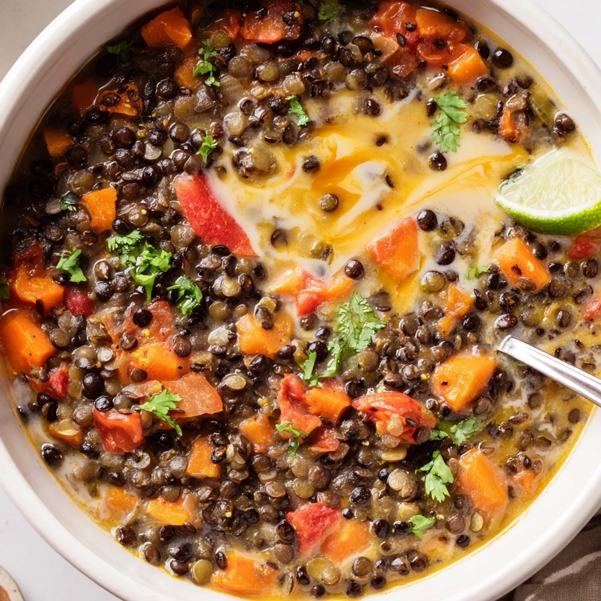 Spiced Coconut Tomato Black Lentil Hearty Soup steaming in rustic bowl, cilantro garnish