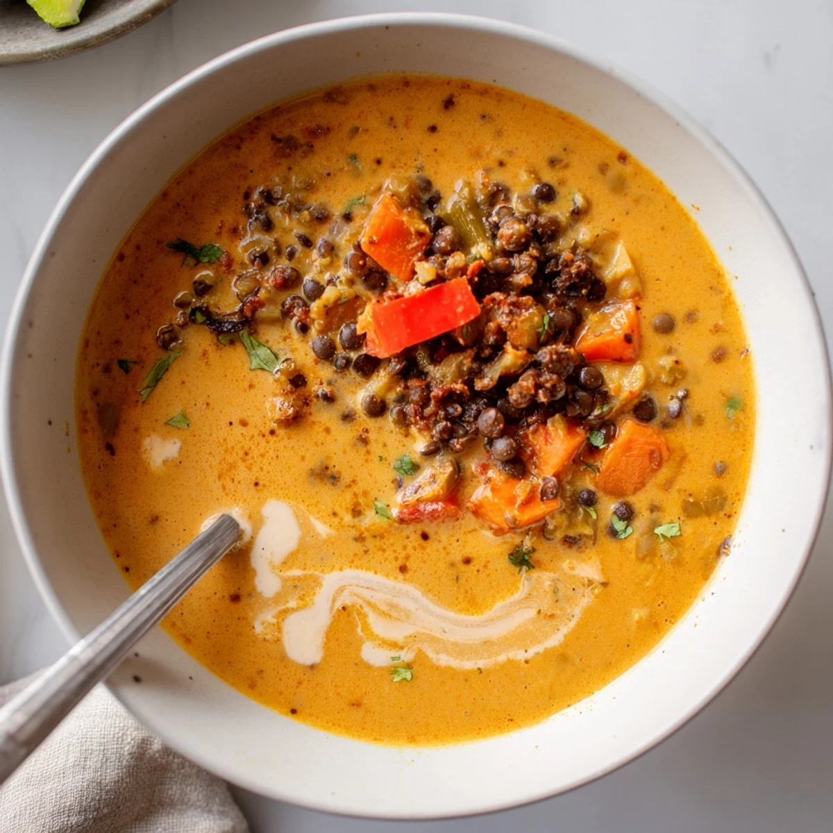 Spiced Coconut Tomato Black Lentil Hearty Soup velvety, spiced broth with lime and naan