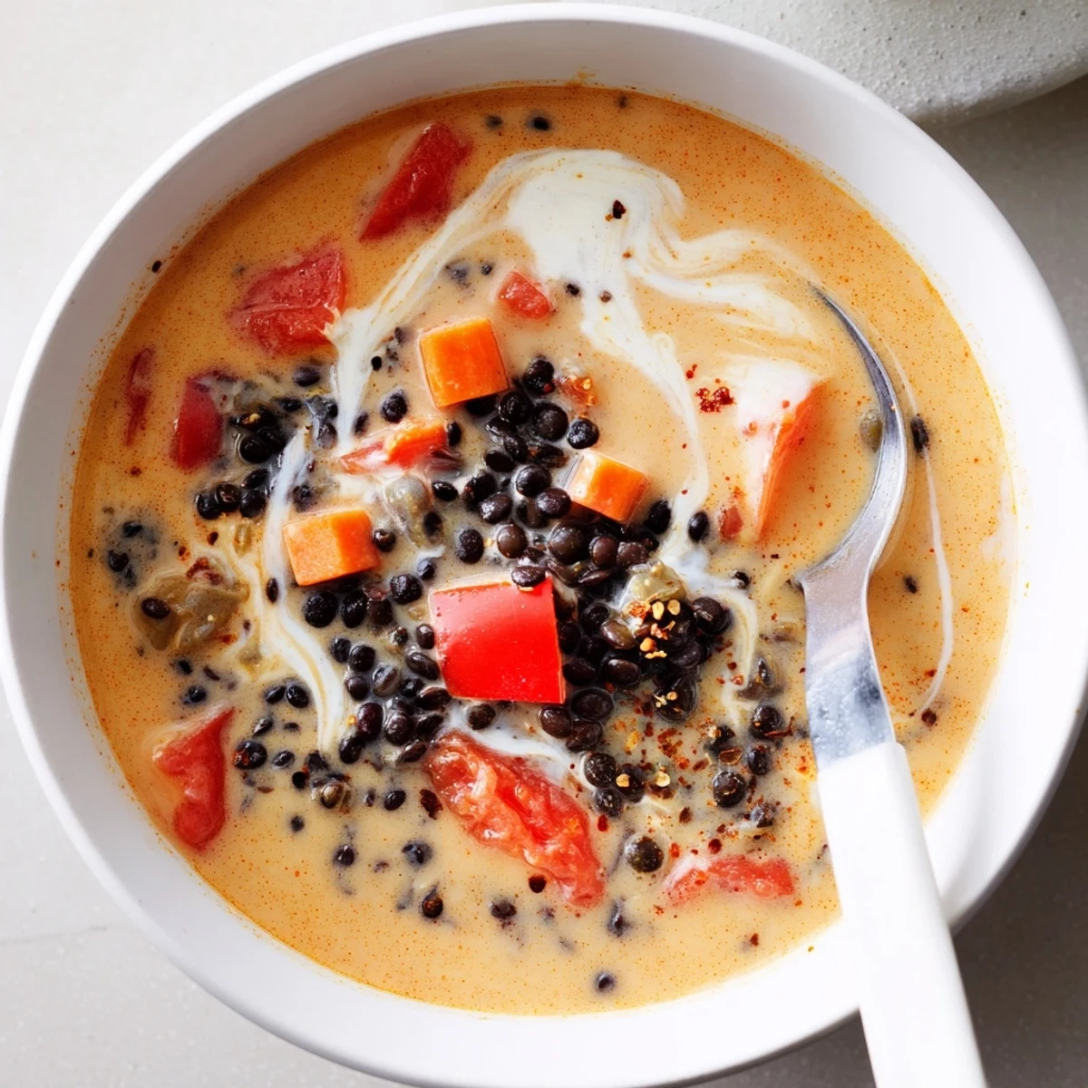 Spiced Coconut Tomato Black Lentil Hearty Soup creamy, aromatic ladle over warm rice