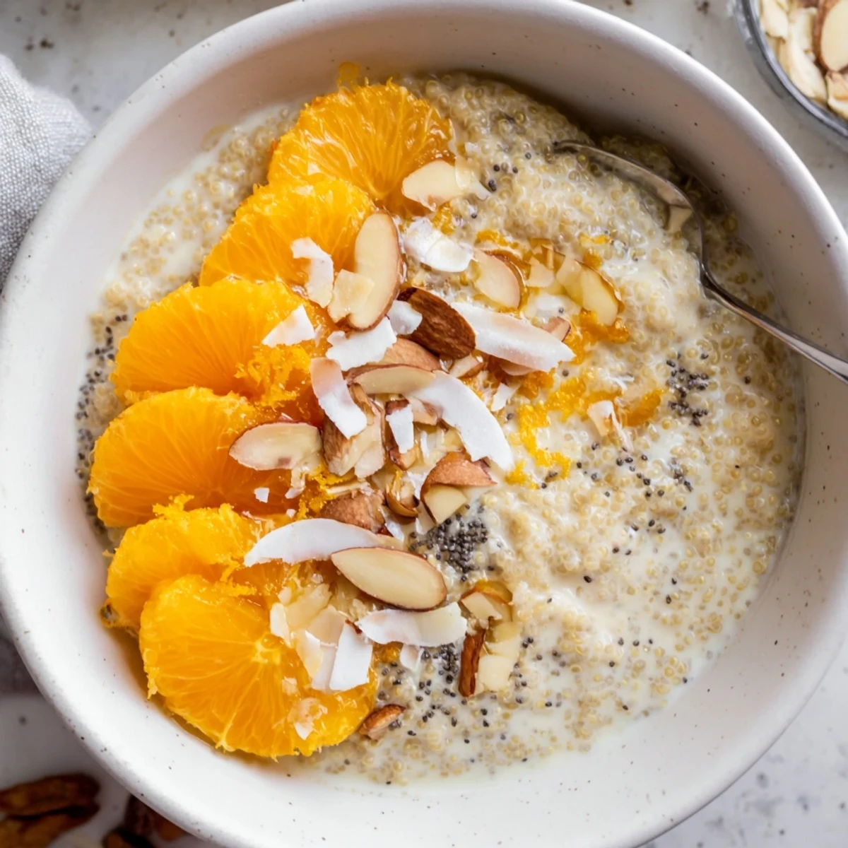 Steaming Vanilla Orange Quinoa Porridge Breakfast Bowl topped with crunchy almonds  