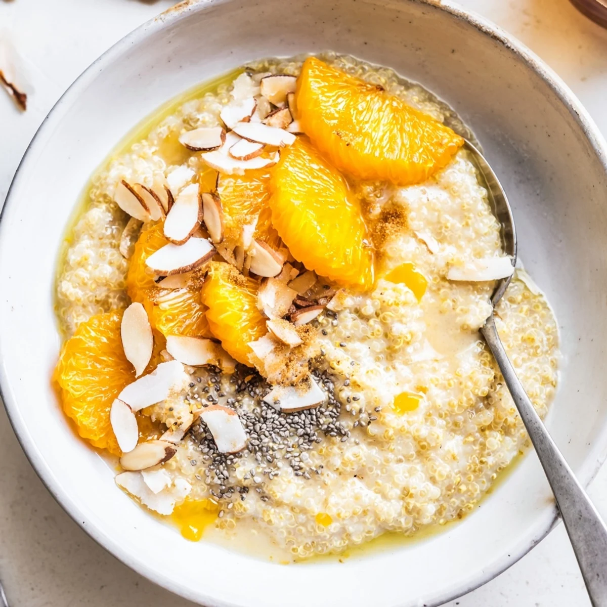 Warm Vanilla Orange Quinoa Porridge Breakfast Bowl served with a spoon, maple aroma