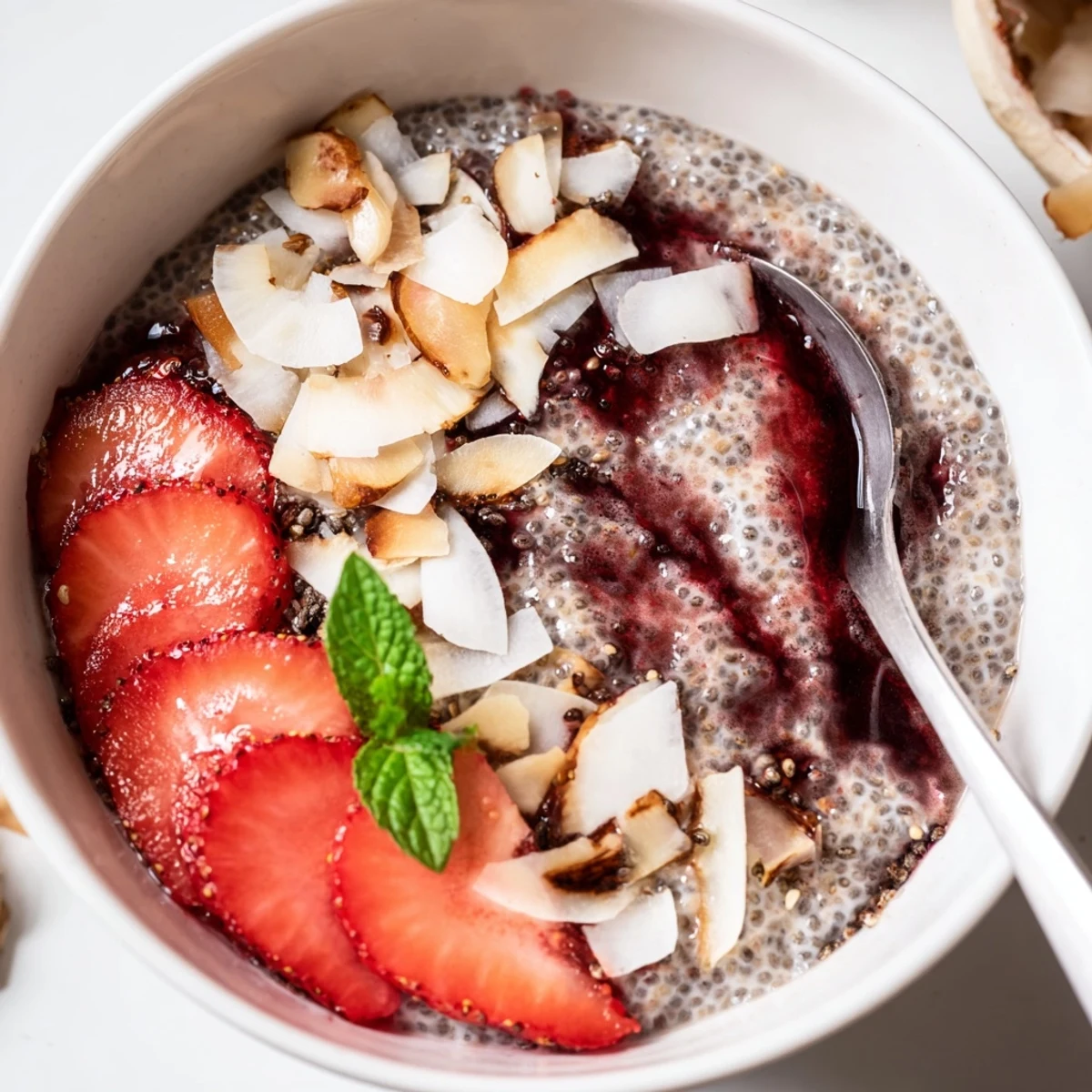 Coconut Strawberry Hibiscus Chia Breakfast Bowl with creamy coconut pudding, sliced strawberries