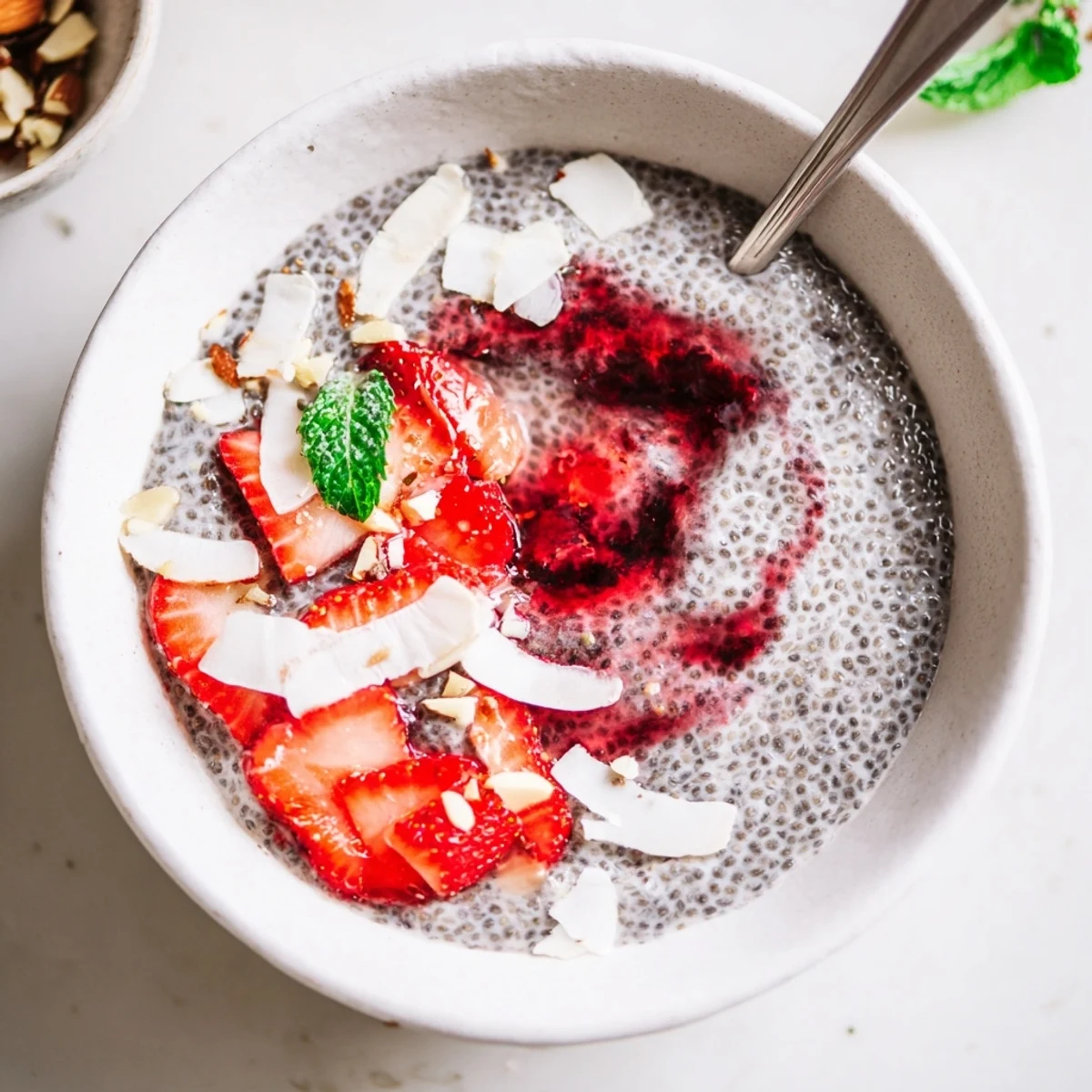 Vibrant Coconut Strawberry Hibiscus Chia Breakfast Bowl topped with toasted coconut flakes