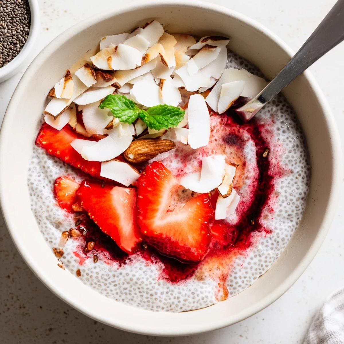 Chilled Coconut Strawberry Hibiscus Chia Breakfast Bowl garnished with mint, almonds, fresh berries