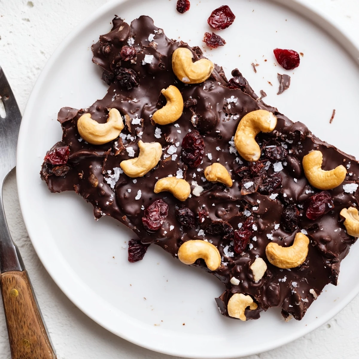 A slab of Dark Chocolate Cashew Crunch Bark atop parchment, crunchy cashews