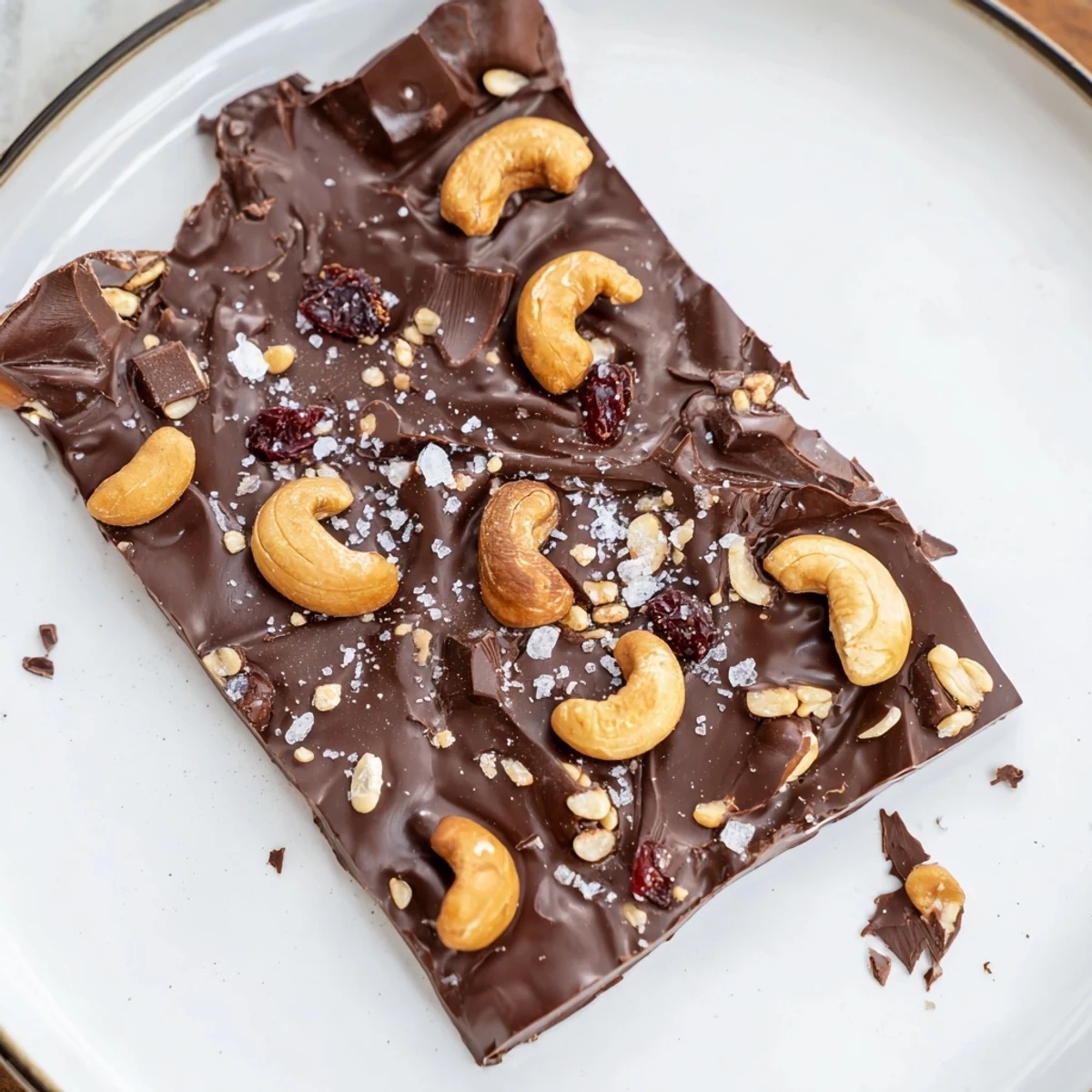 Hand-broken Dark Chocolate Cashew Crunch Bark pieces paired with coffee for snacking