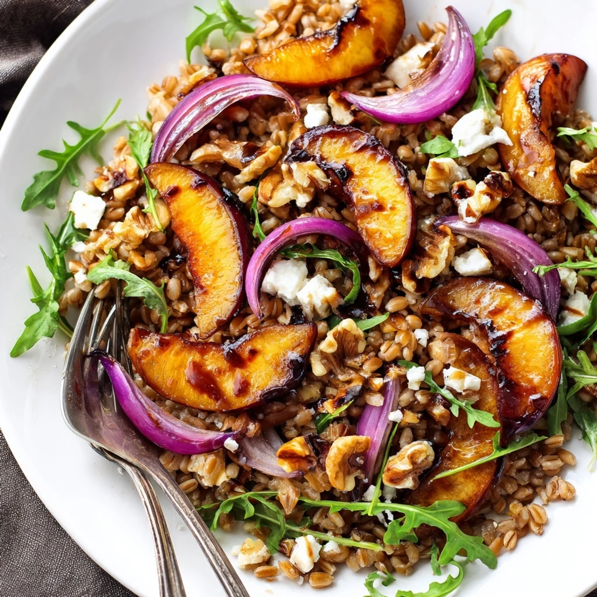 Roasted Plum & Thyme Farro Grain Salad with caramelized plums and toasted walnuts.
