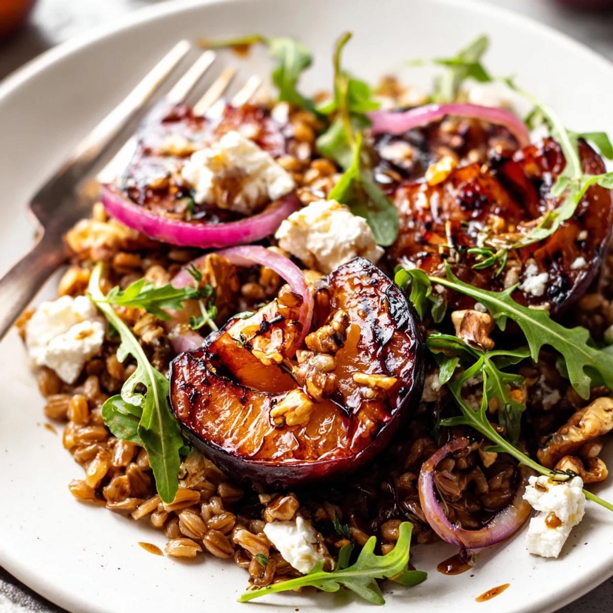 Warm bowl of Roasted Plum & Thyme Farro Grain Salad over peppery arugula.
