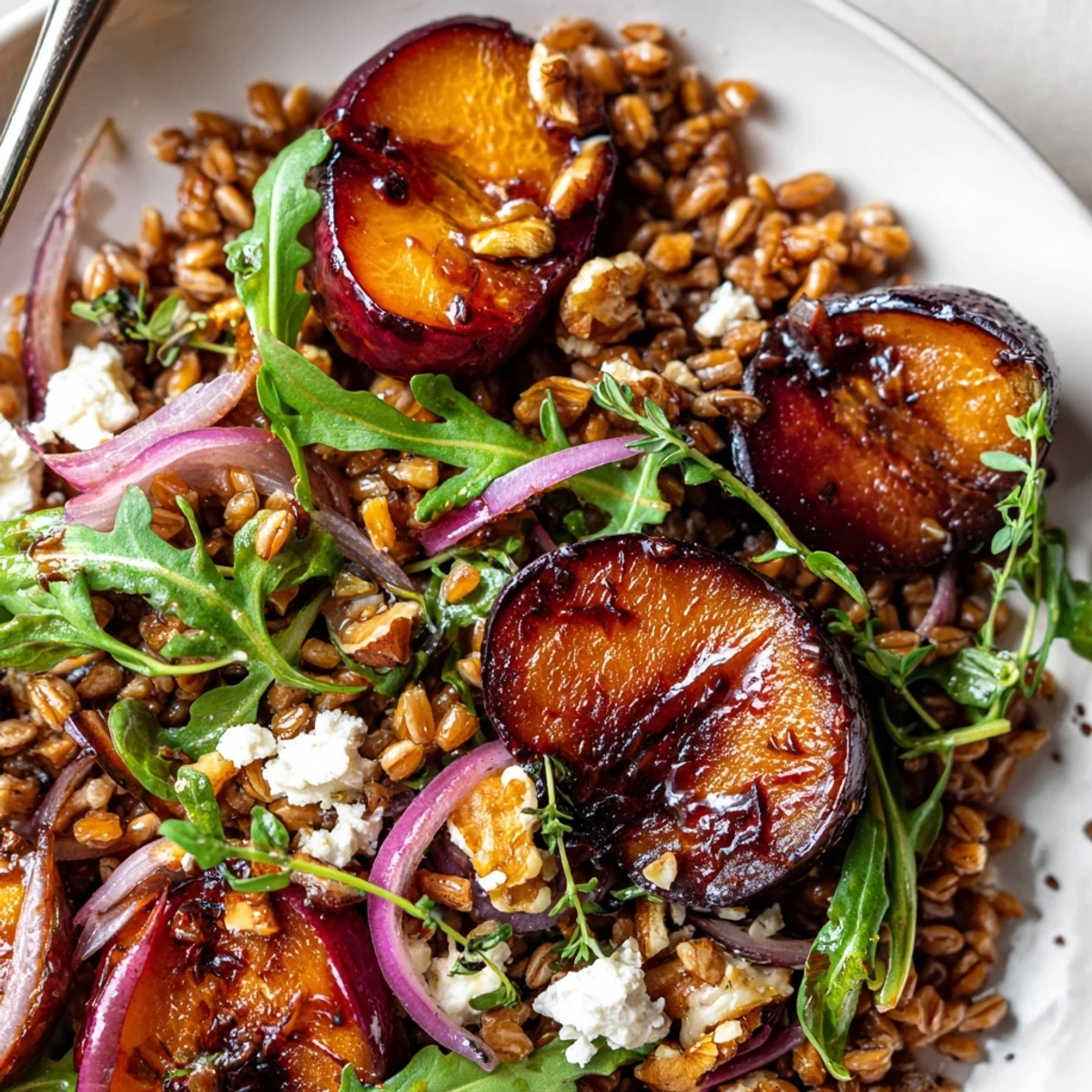 Juicy roasted plums crown the Roasted Plum & Thyme Farro Grain Salad, balsamic-kissed.