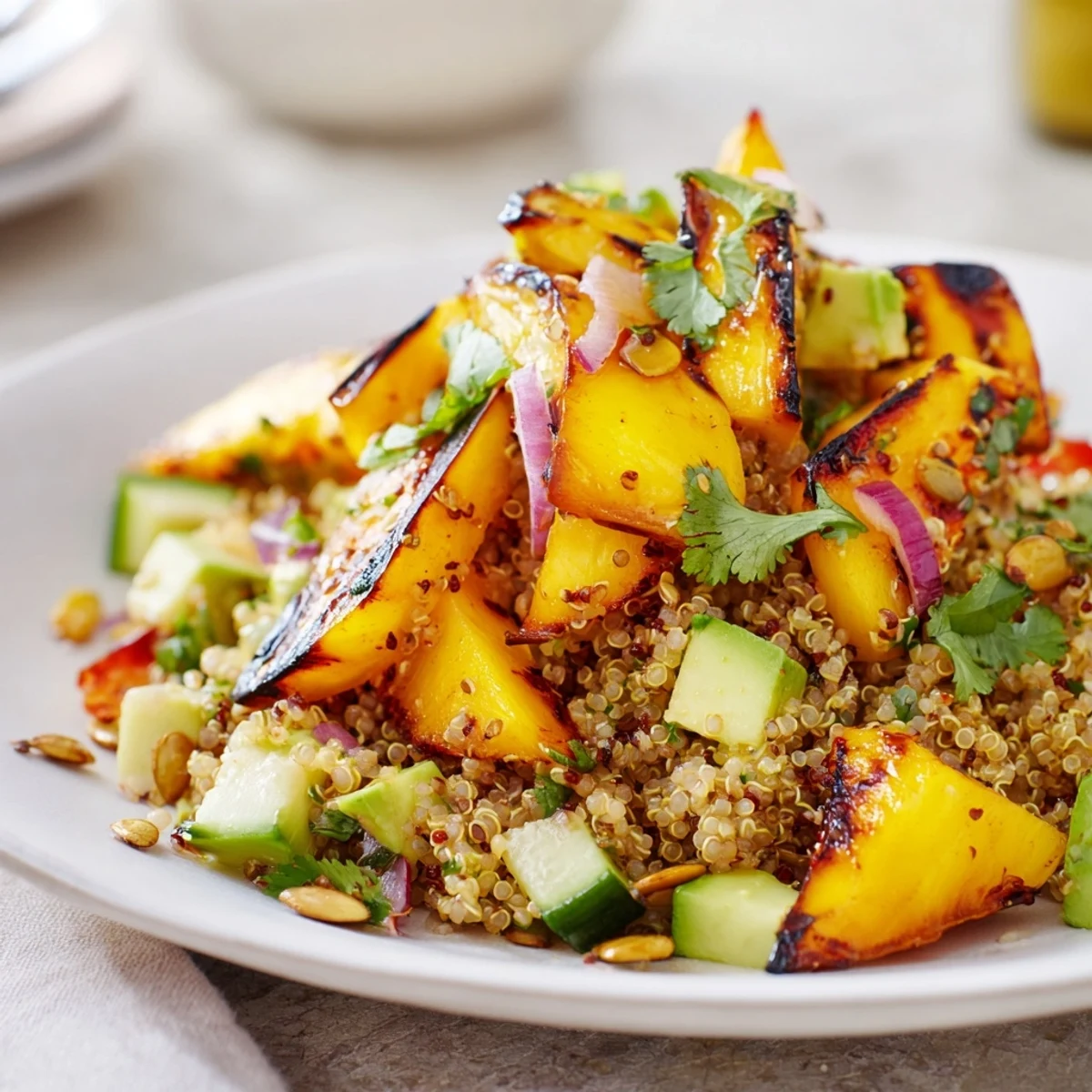 Grilled Mango Lime Quinoa Grain Salad with smoky char and zesty lime vinaigrette.