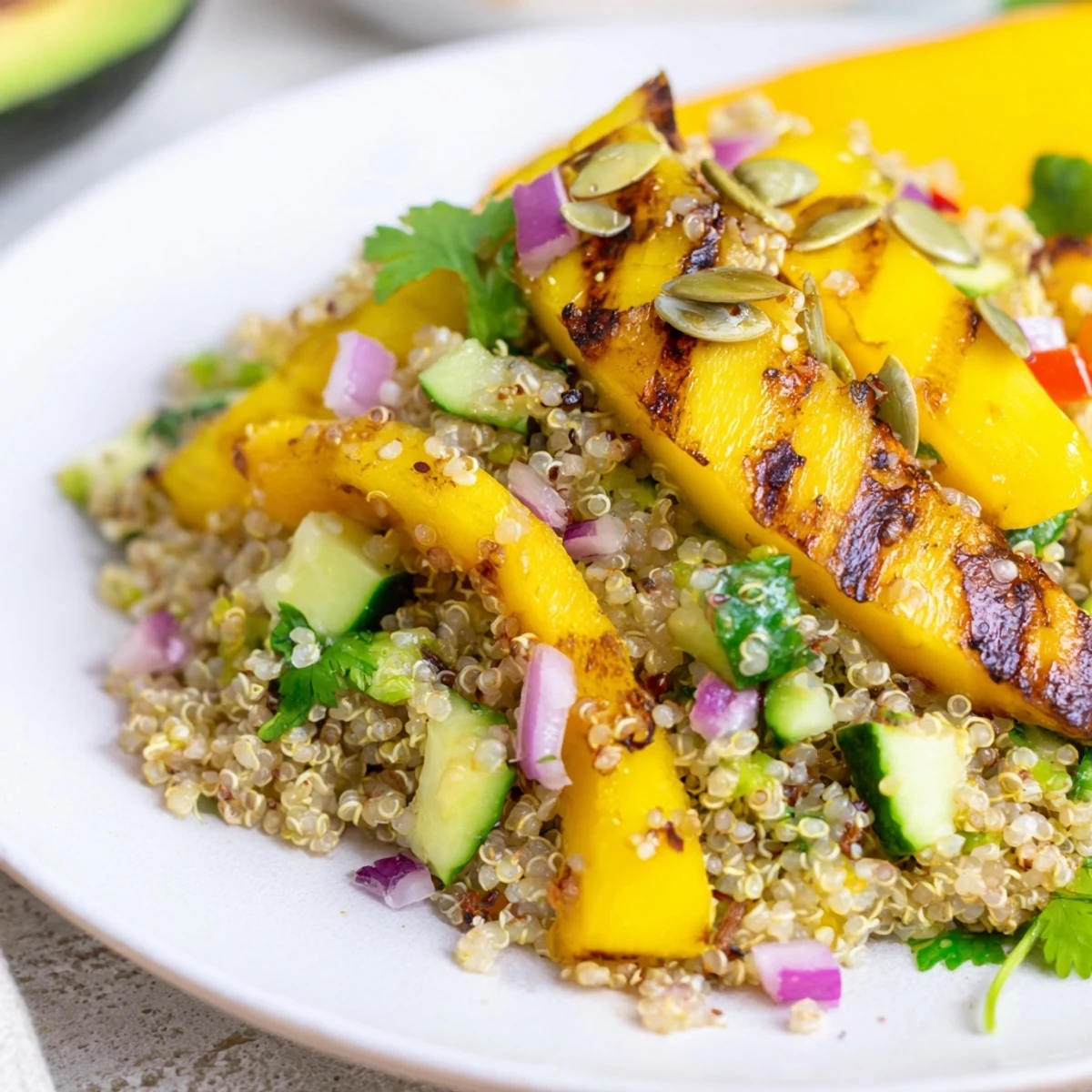 Bright Grilled Mango Lime Quinoa Grain Salad tossed with creamy avocado and cilantro.