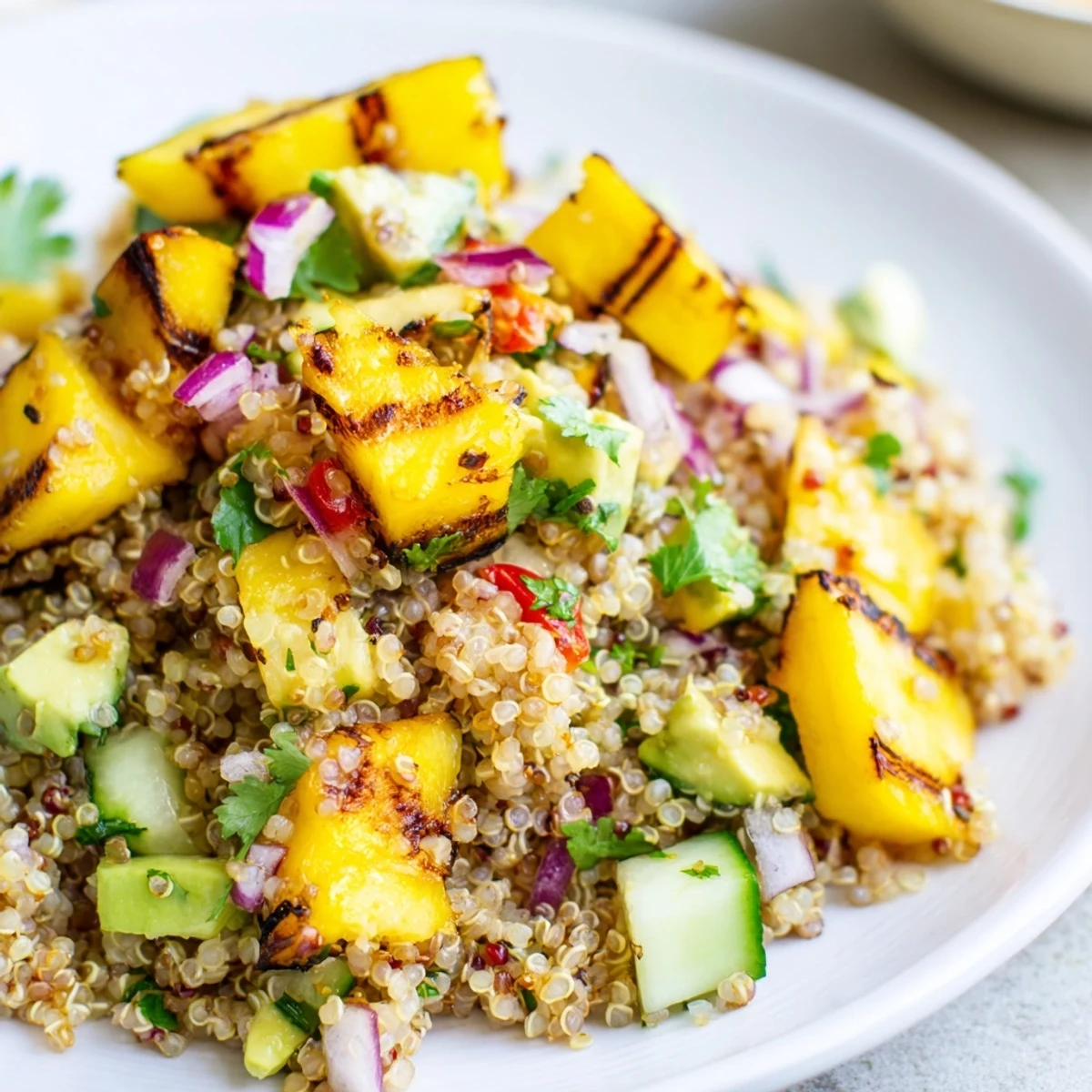 Serve Grilled Mango Lime Quinoa Grain Salad chilled, topped with toasted pumpkin seeds.