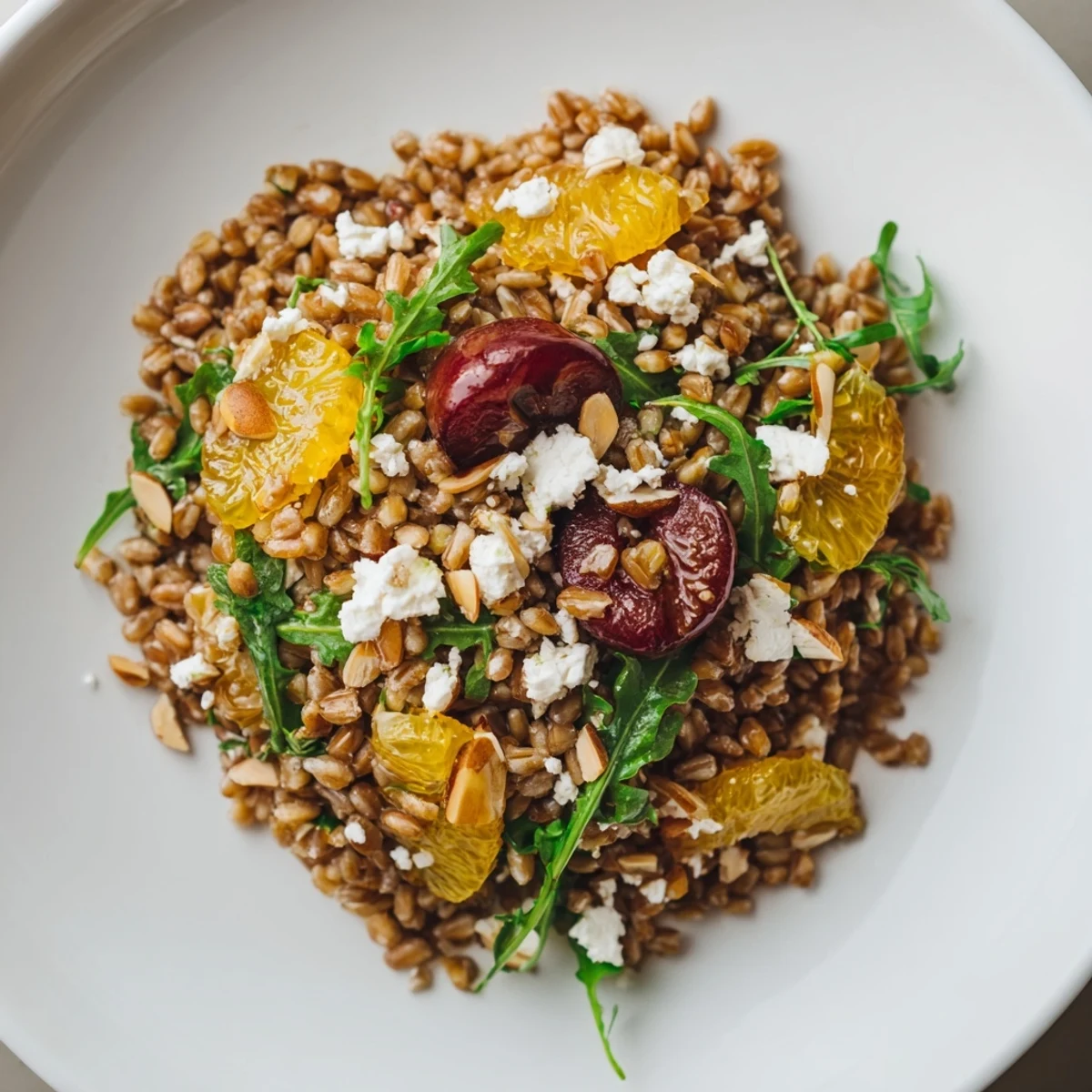 Colorful roasted cherry orange farro grain salad with feta and toasted almonds in a white bowl