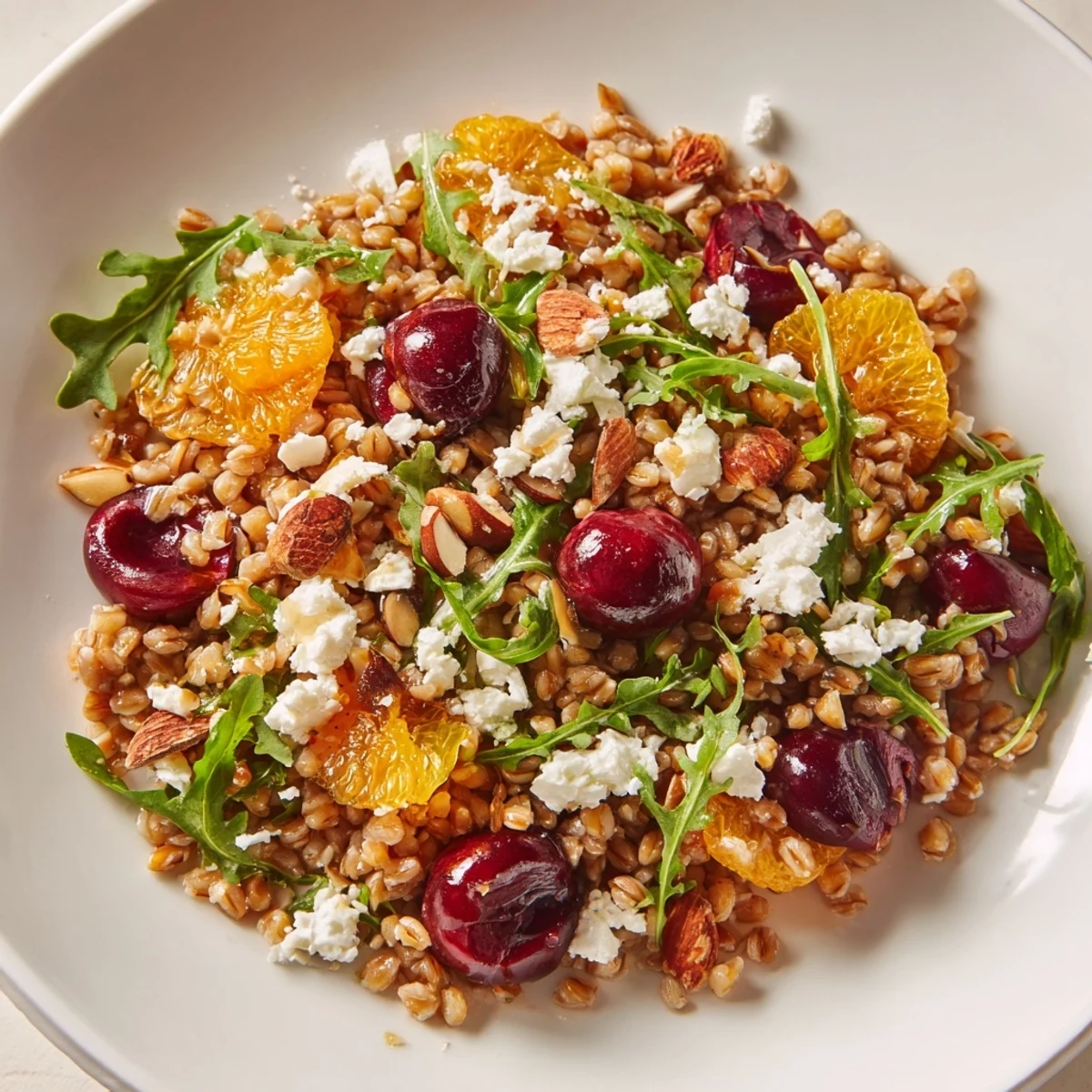 Mediterranean-style grain bowl featuring juicy roasted cherries, citrus segments, peppery arugula, and crumbled feta cheese
