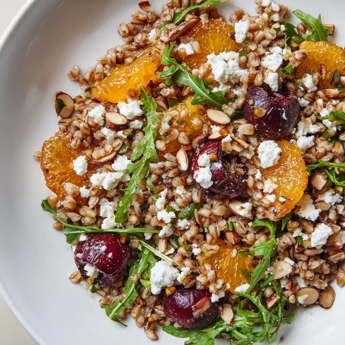 Hearty farro salad tossed with sweet oranges, caramelized cherries, and crunchy nuts on a rustic wooden table