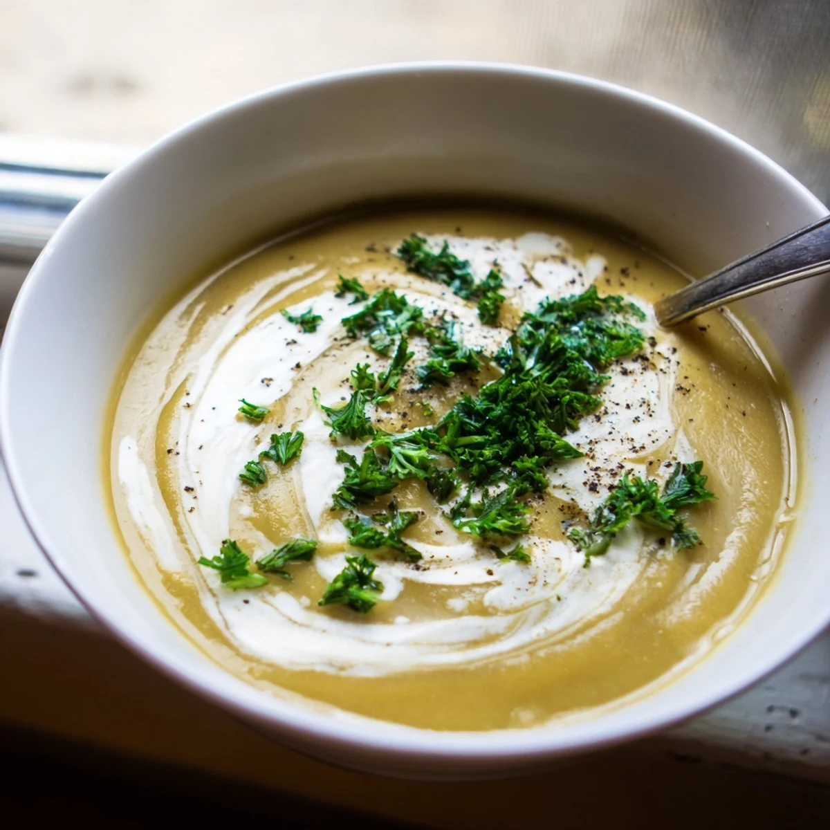 Creamy roasted parsley root and white bean soup garnished with fresh parsley and black pepper