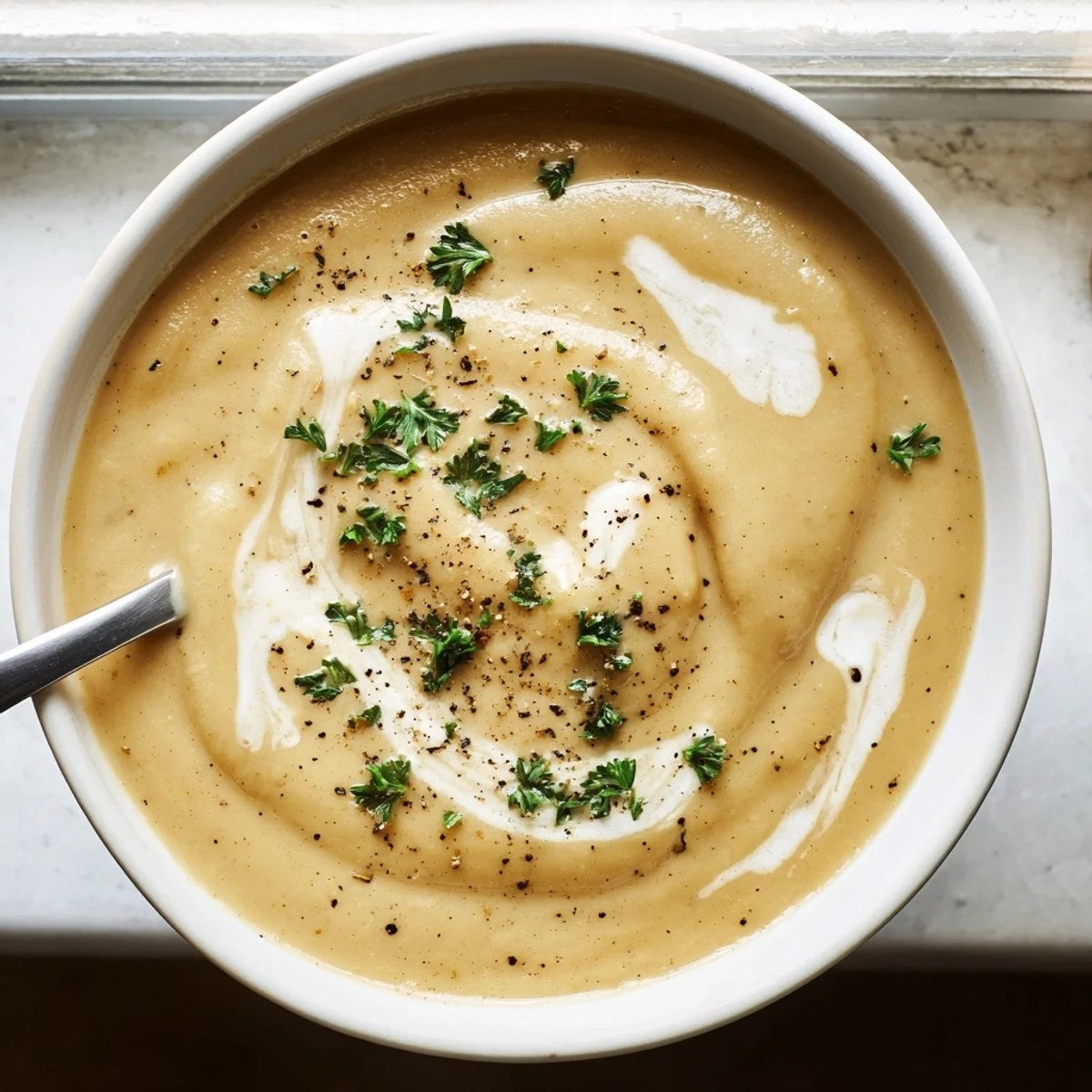 Velvety white bean and parsley root soup in a rustic bowl ready for cold weather