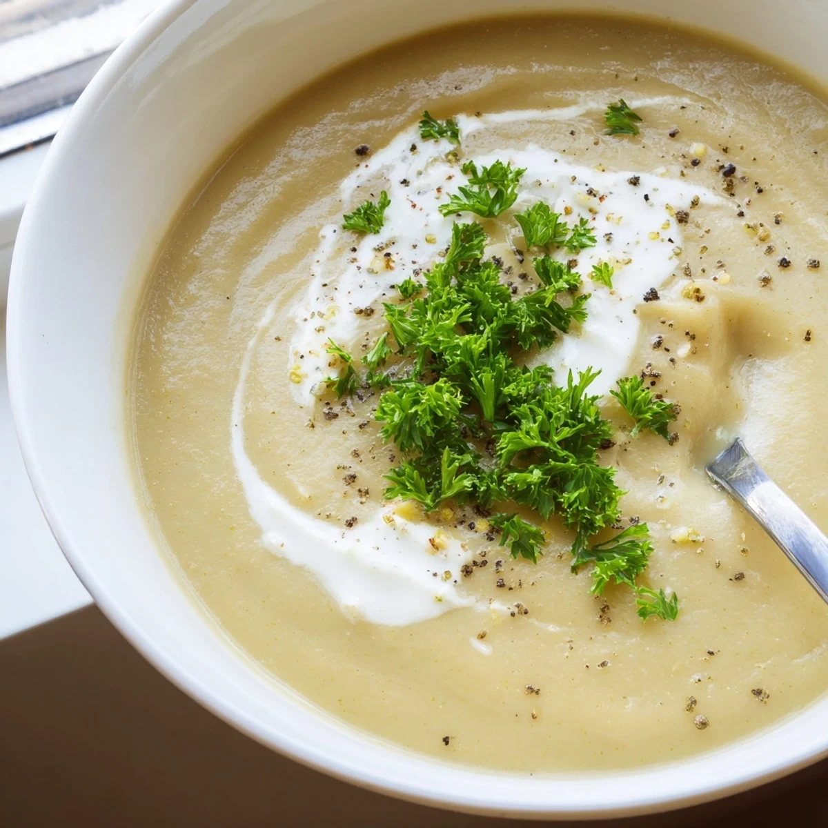 Golden roasted parsley root soup blended with cannellini beans and topped with chopped herbs