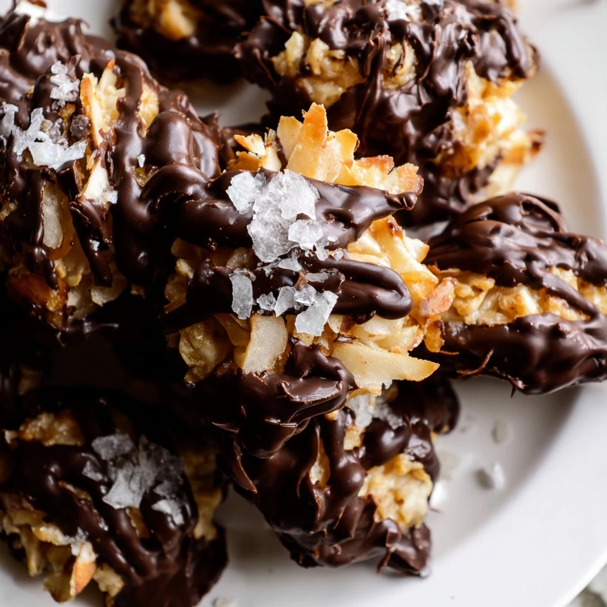 Bite-sized dark chocolate almond butter coconut clusters arranged on parchment paper with toasted coconut and sliced almonds