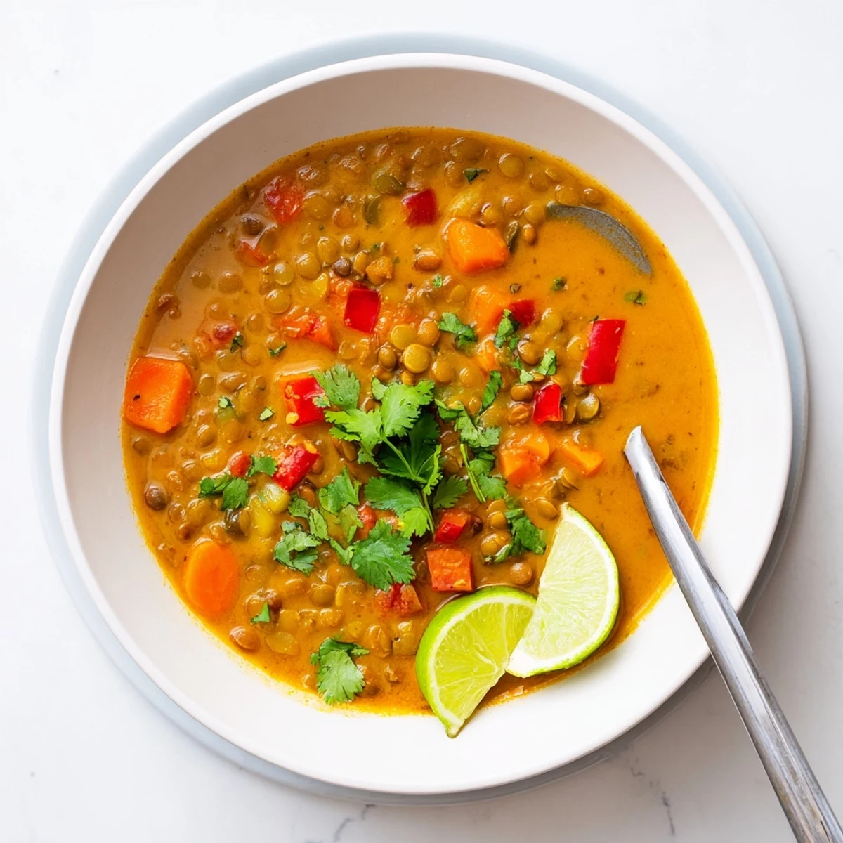 Creamy spiced coconut tomato green lentil soup garnished with fresh cilantro in a bowl