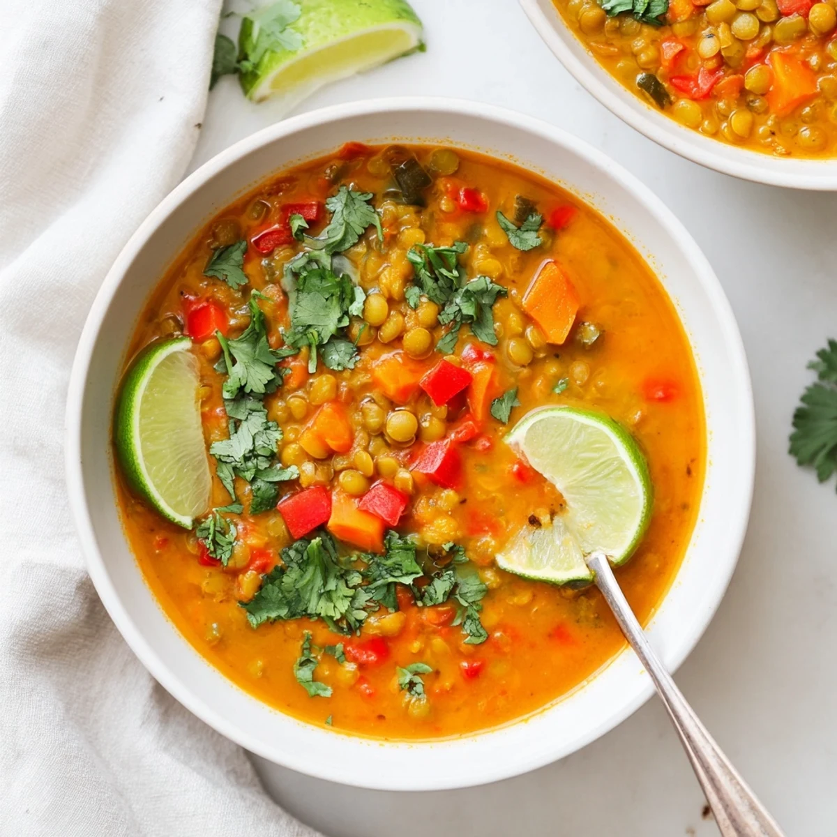 Hearty bowl of spiced coconut tomato green lentil soup with vibrant red broth and lime