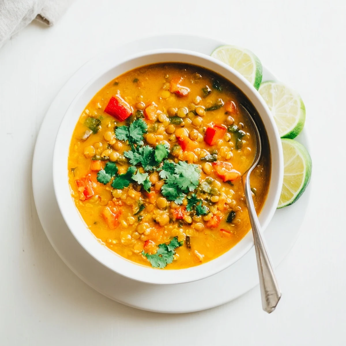 Vegan spiced coconut tomato green lentil soup featuring tender lentils in aromatic coconut broth