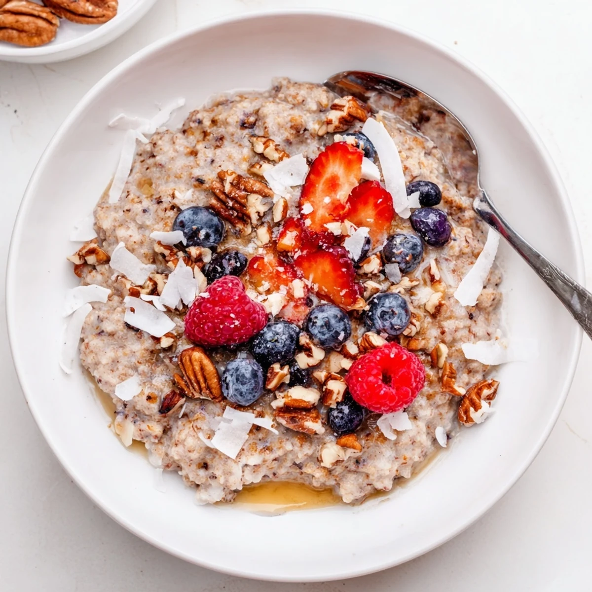 Creamy vanilla maple teff porridge in a bowl with colorful fruit and crunchy almond toppings