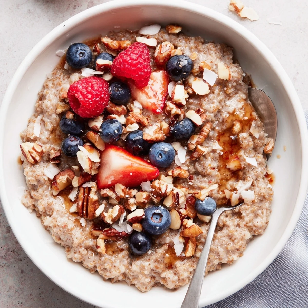 Vanilla maple teff porridge breakfast bowl topped with fresh berries and toasted nuts