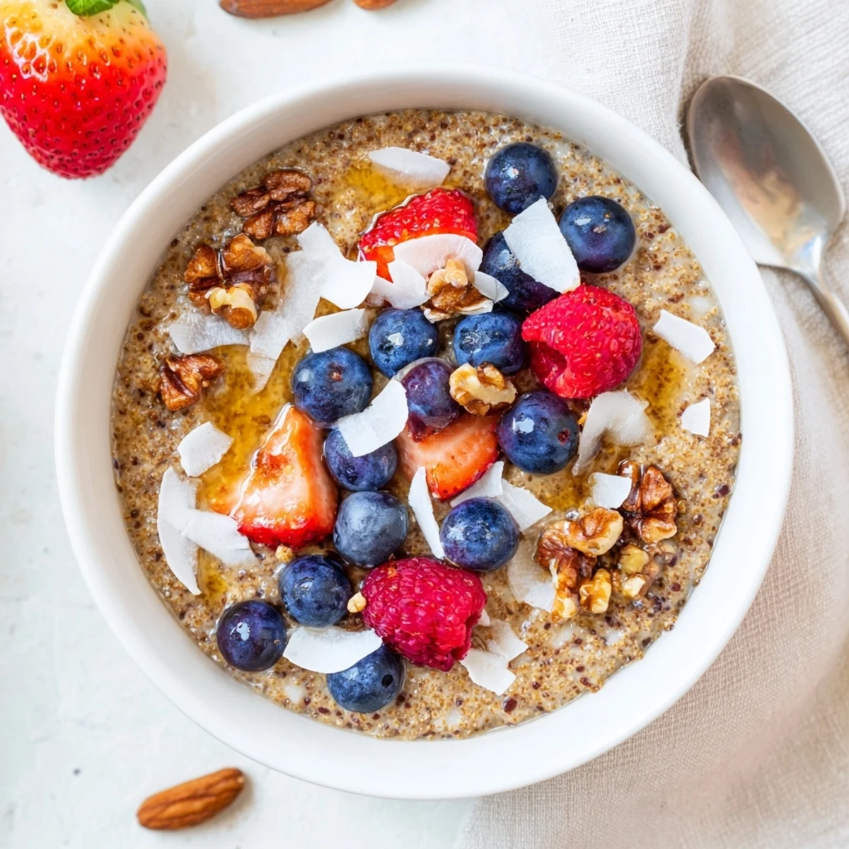 Warm gluten-free vanilla maple teff porridge bowl drizzled with syrup and sprinkled with coconut