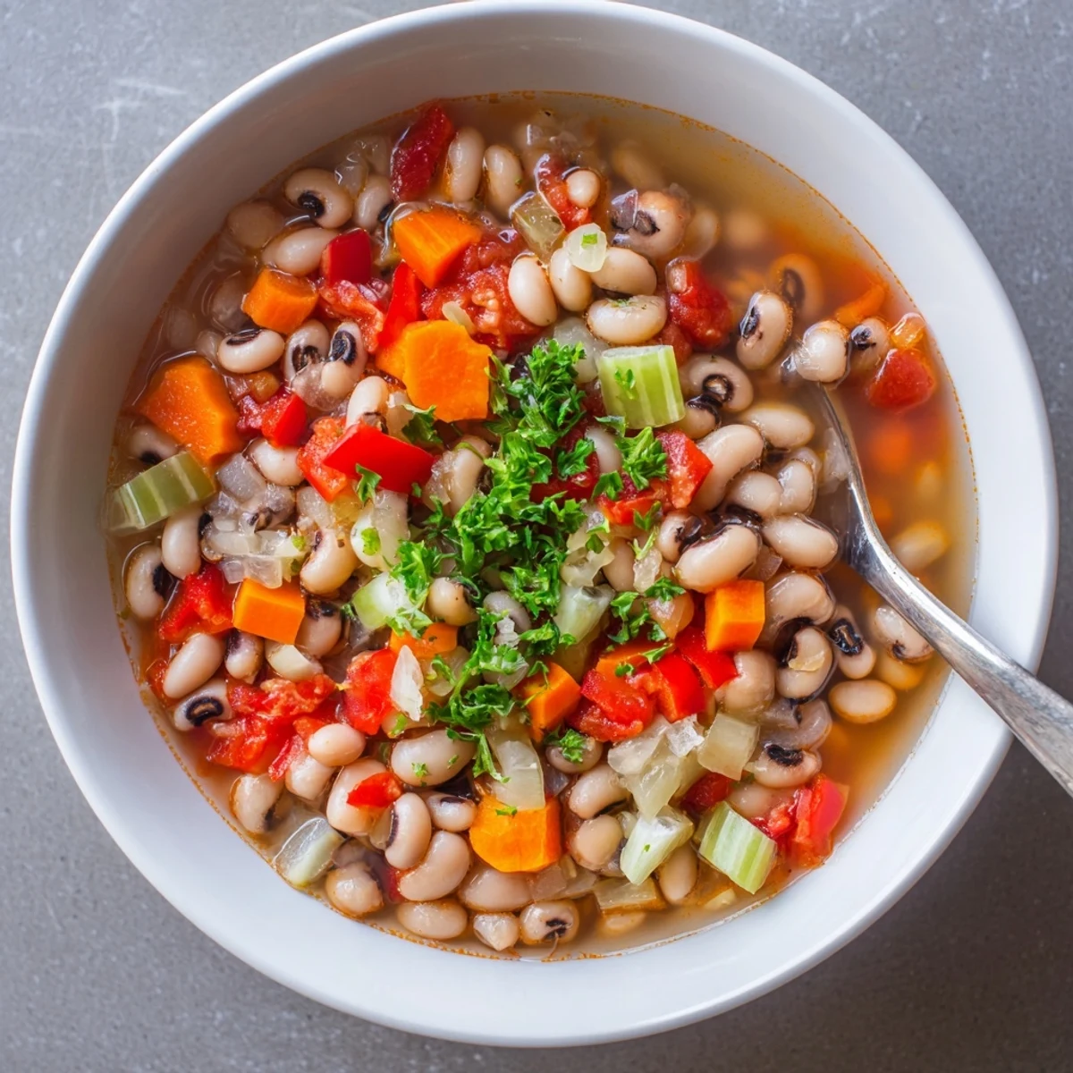 Hearty black eyed pea soup featuring fire-roasted tomatoes and smoky spices ladled into a rustic ceramic bowl