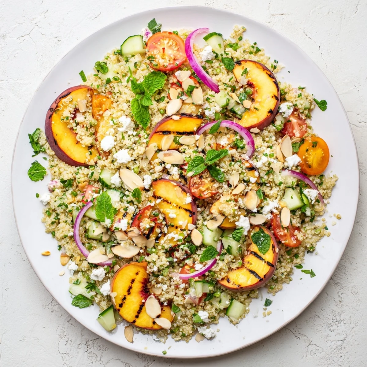 Colorful grilled peach cilantro quinoa grain salad with charred peaches fresh vegetables and lime dressing in a white serving bowl