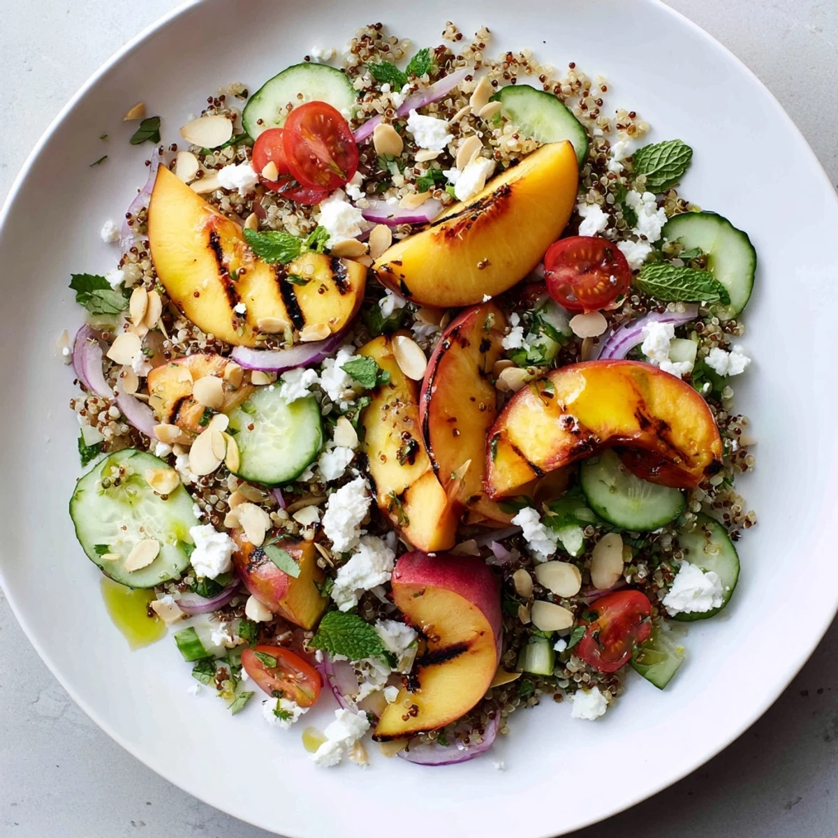 Summer grilled peach cilantro quinoa grain salad featuring smoky grilled fruit crisp vegetables and zesty lime dressing on a rustic wooden table