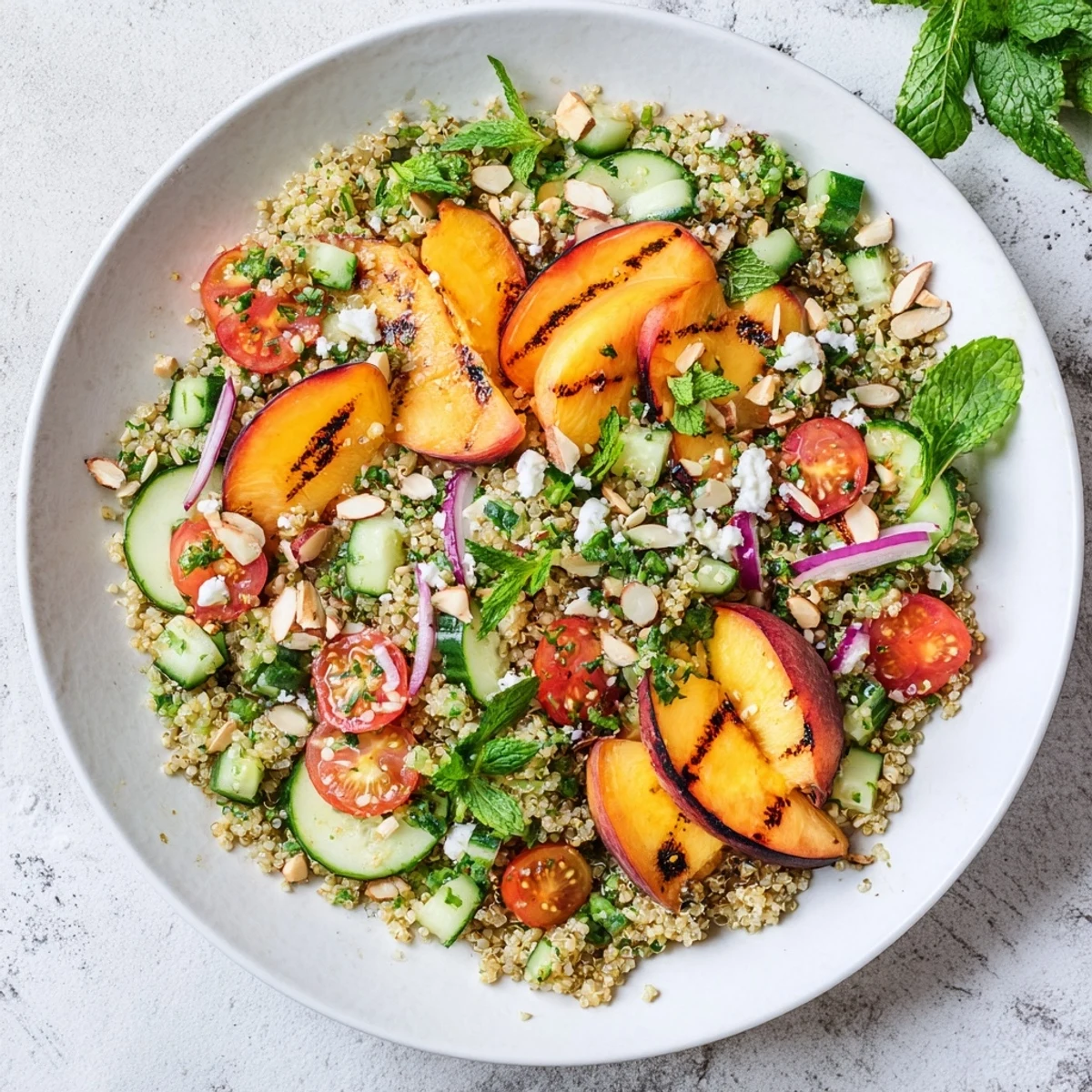 Vibrant bowl of grilled peach cilantro quinoa grain salad topped with feta cheese toasted almonds and fresh herbs for a light lunch